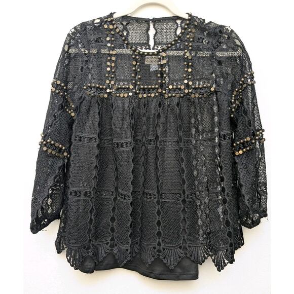 Anthropologie Maeve Auralis Black Studded Grunge Lace Blouse Size Small - Picture 2 of 13